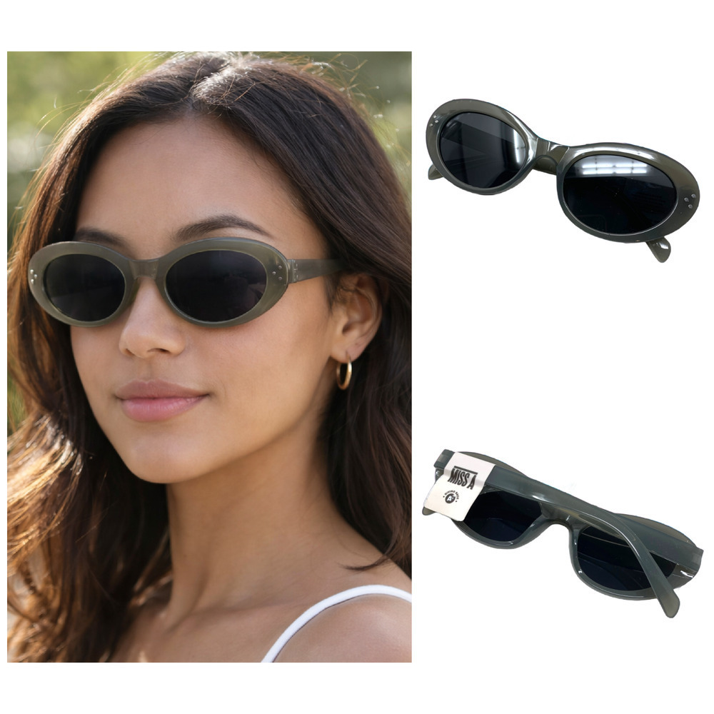 Miss A Oval Sunglasses NWT Gray Frame Dark Lens Y2K Slim Retro Style MISS-1220